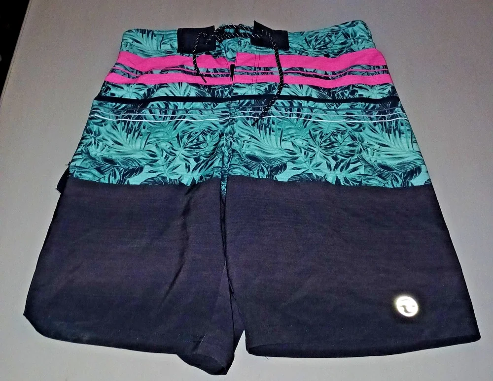 Mens Lined Board Swim Shorts Med Black Tropical Fly Cargo Pocket Lace Up Beach